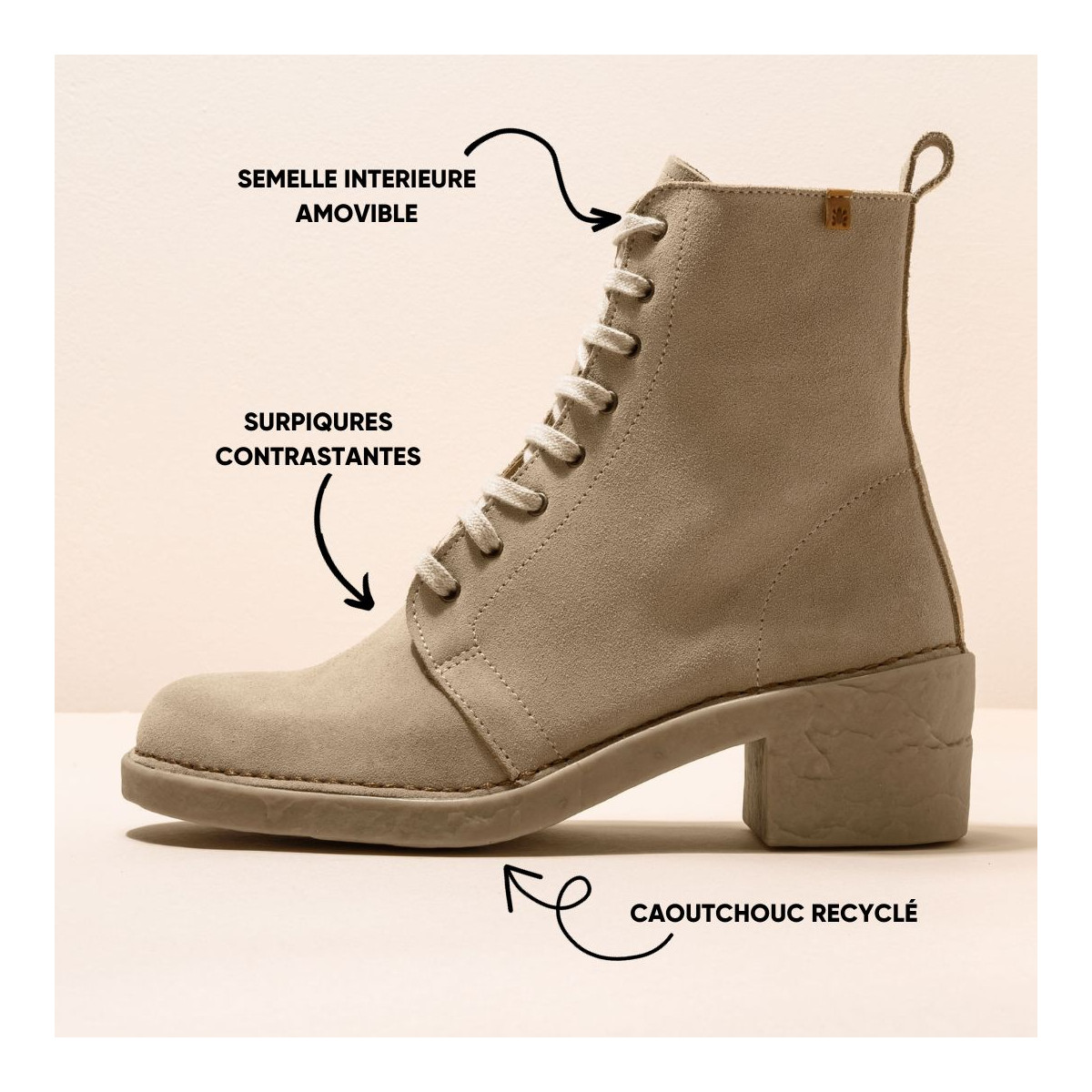 Bottines à talon et lacets en cuir suédé - Beige - El naturalista