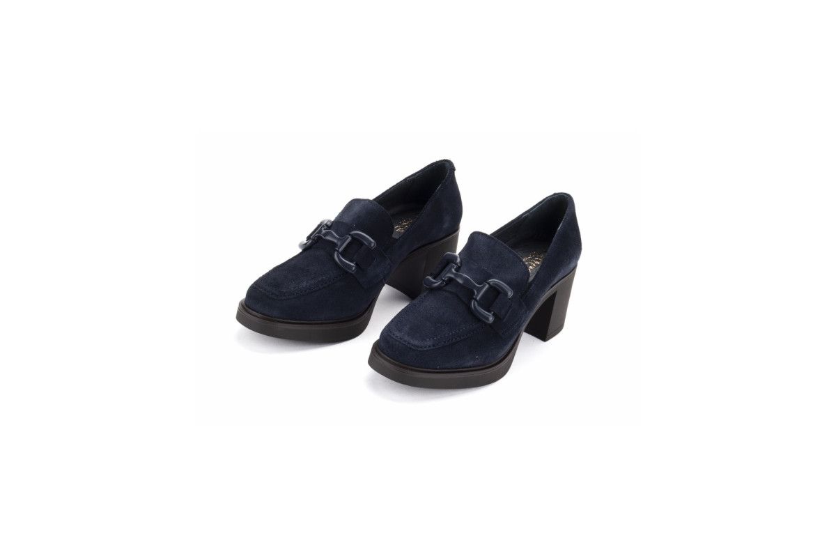 Mocassins à talon en daim et boucle - Bleu Marine - Lince