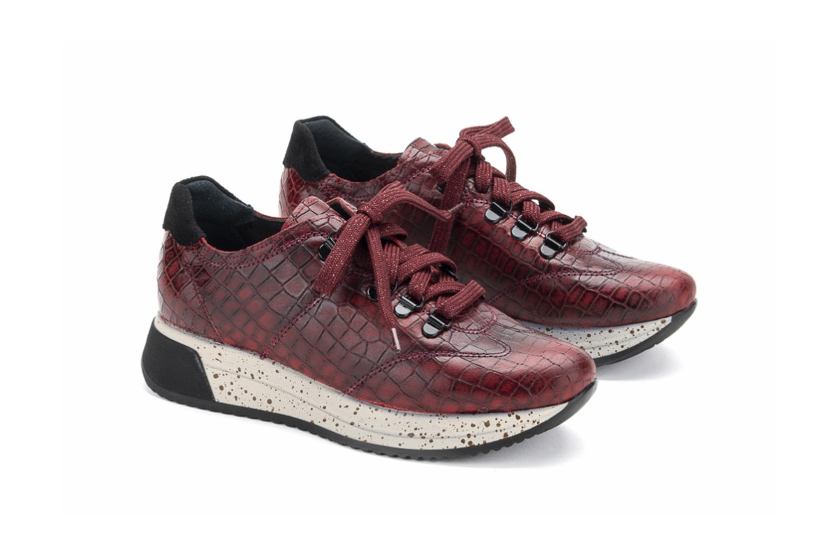 Baskets confortables en cuir effet croco - Bordeaux - Lince