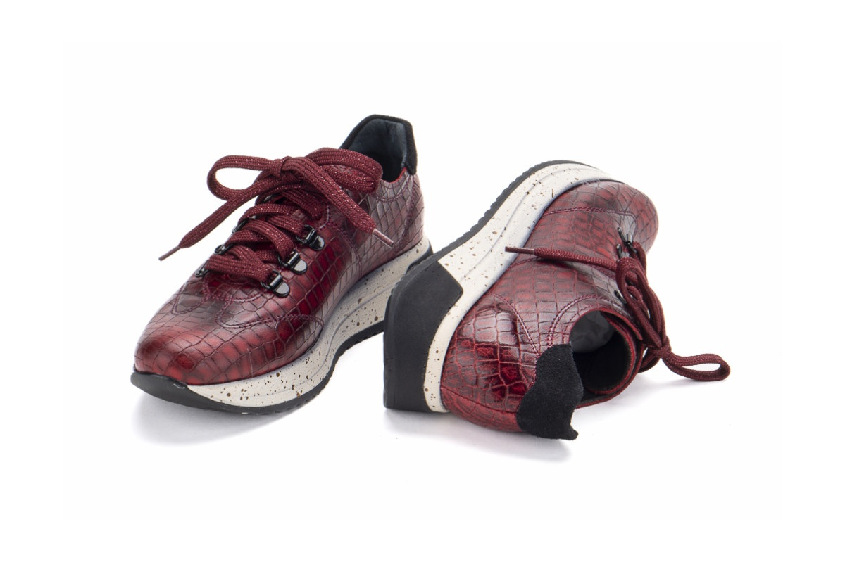 Baskets confortables en cuir effet croco - Bordeaux - Lince