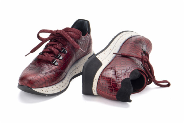 Baskets confortables en cuir effet croco - Bordeaux - Lince