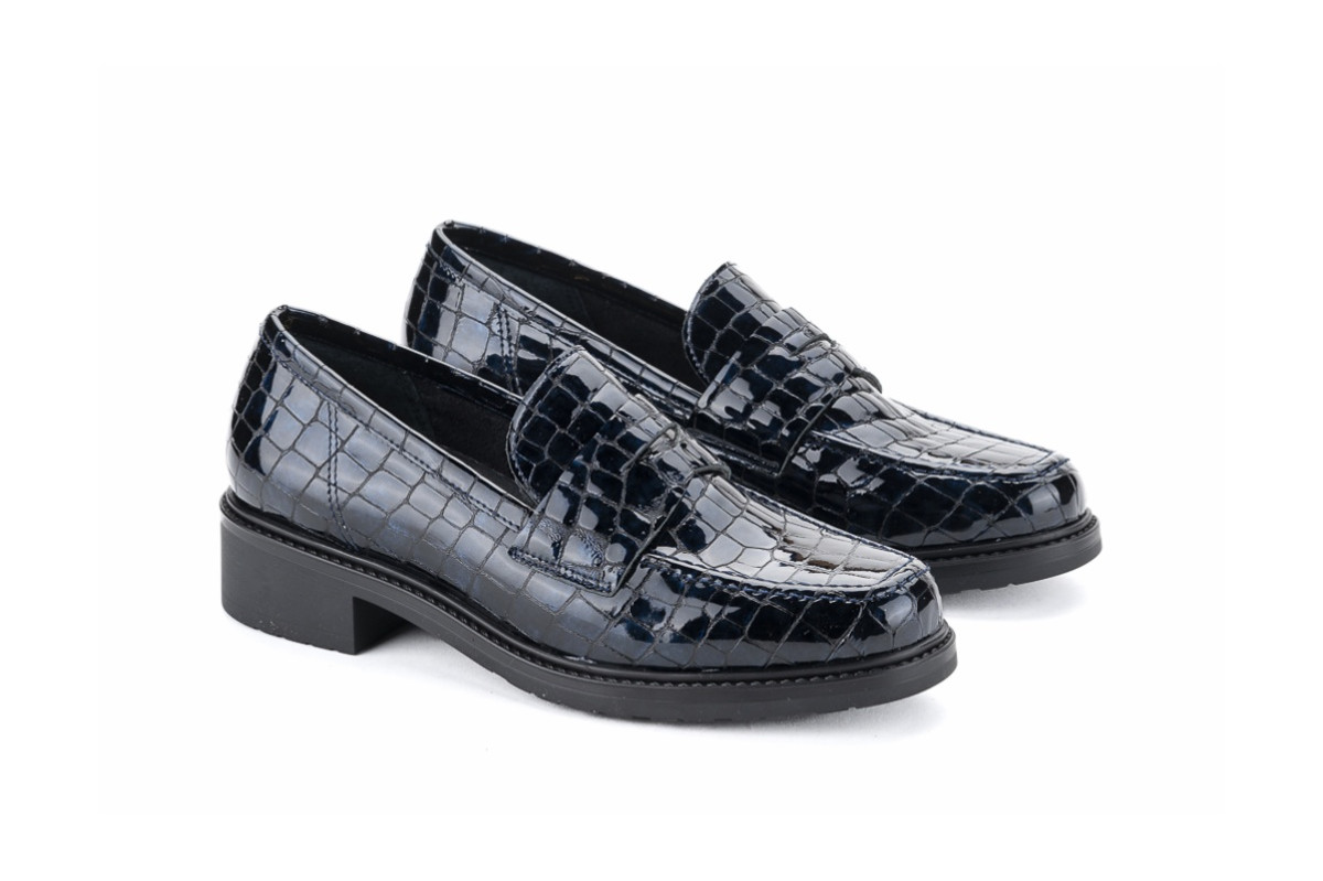 Mocassins en cuir effet croco - Bleu Marine - Lince