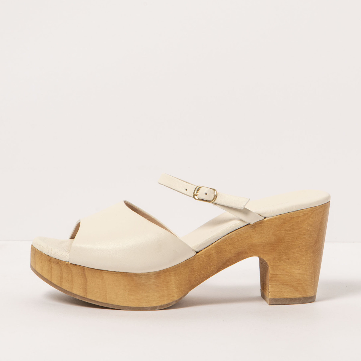 Mules en cuir à talon en bois plateforme - Beige - Neosens