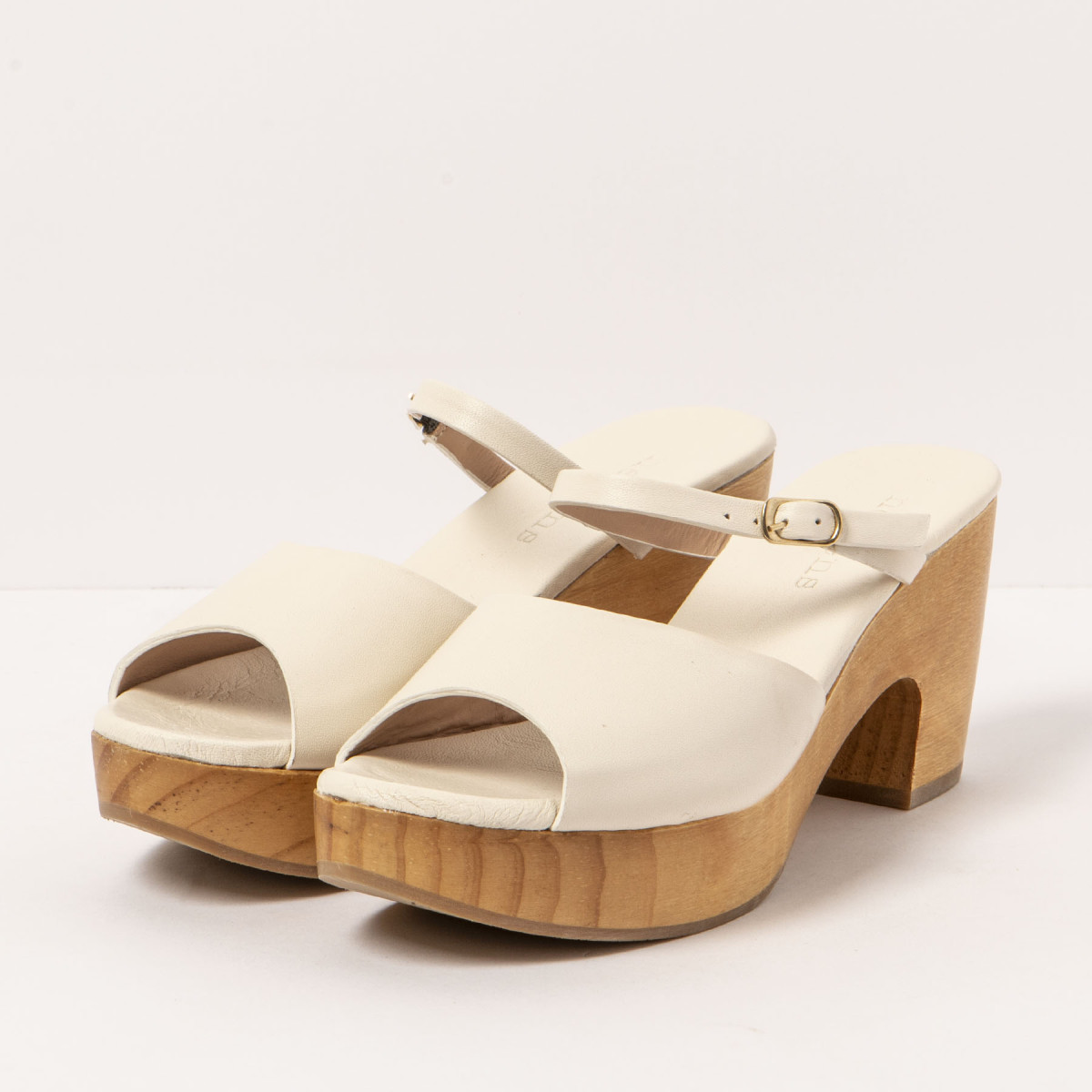 Mules en cuir à talon en bois plateforme - Beige - Neosens