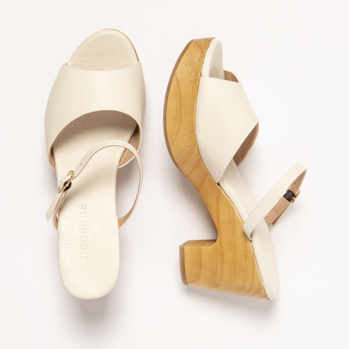 Mules en cuir à talon en bois plateforme - Beige - Neosens