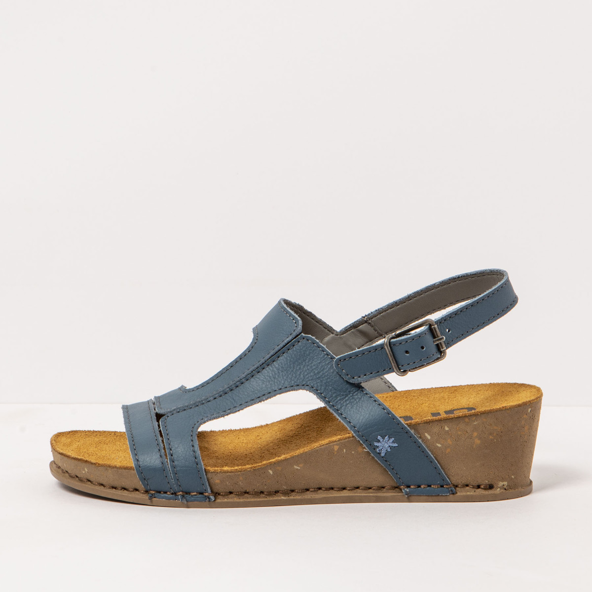 Sandales compensées en cuir talon liège - Bleu - art