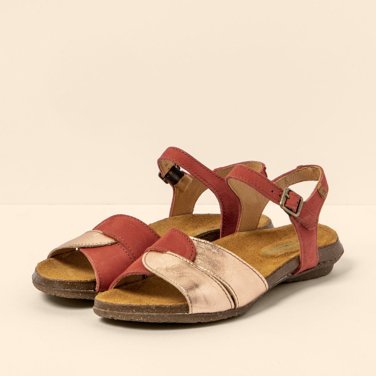 Sandales confortables plates en cuir et daim - Rose - El naturalista