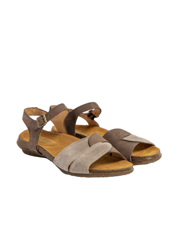 Sandales confortables plates en cuir et daim - Marron - El naturalista