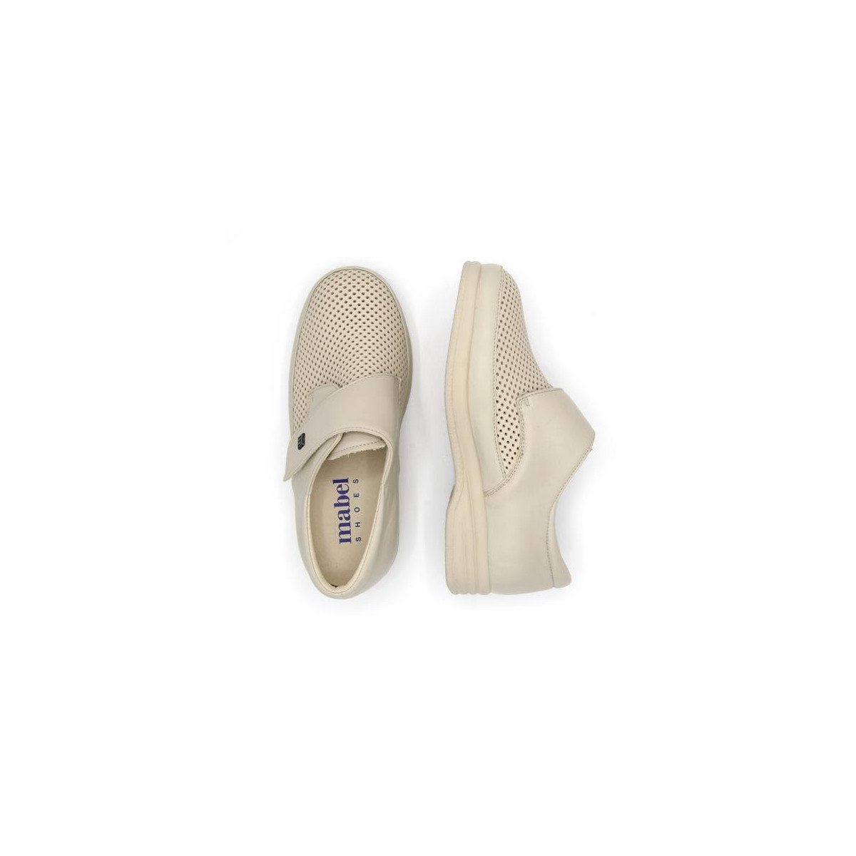 Chaussures pieds larges en cuir élastique et perforé - Beige - Mabel Shoes