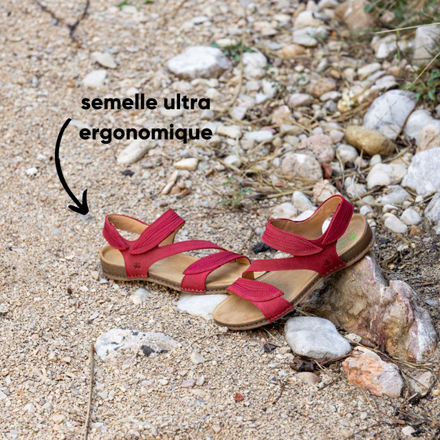 Sandales confortables plates en cuir suédé à scratch - Rouge - El naturalista