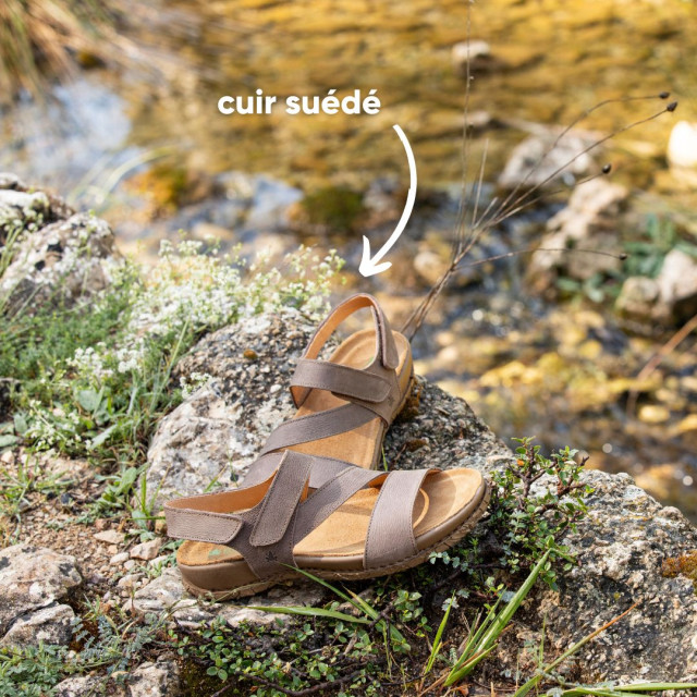 Sandales confortables plates en cuir suédé à scratch - Gris - El naturalista