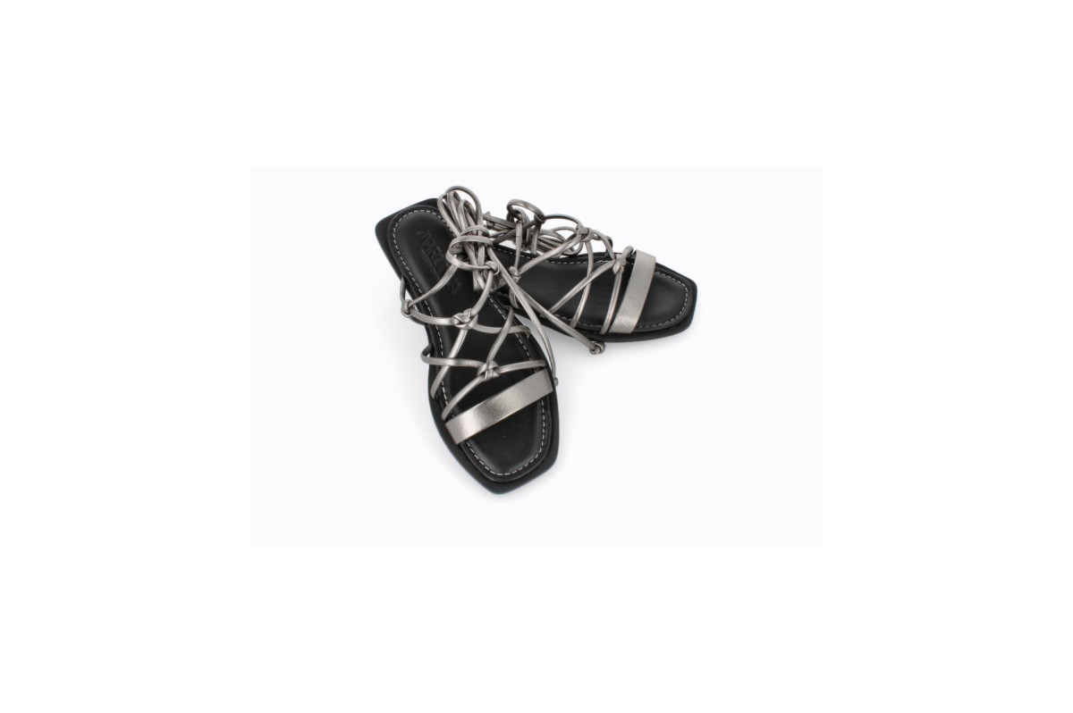 Sandales confortables plates lacées en cuir - Argent - Lince