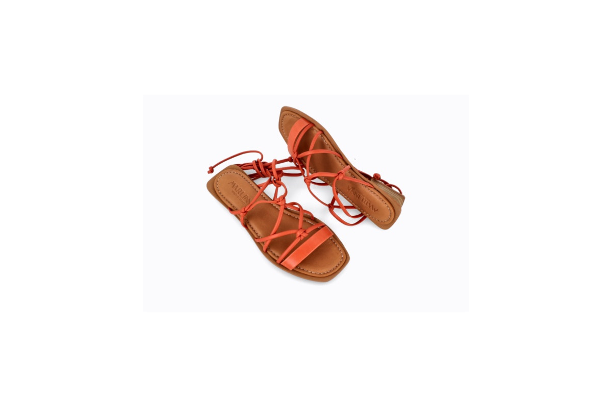 Sandales confortables plates lacées en cuir - Orange - Lince
