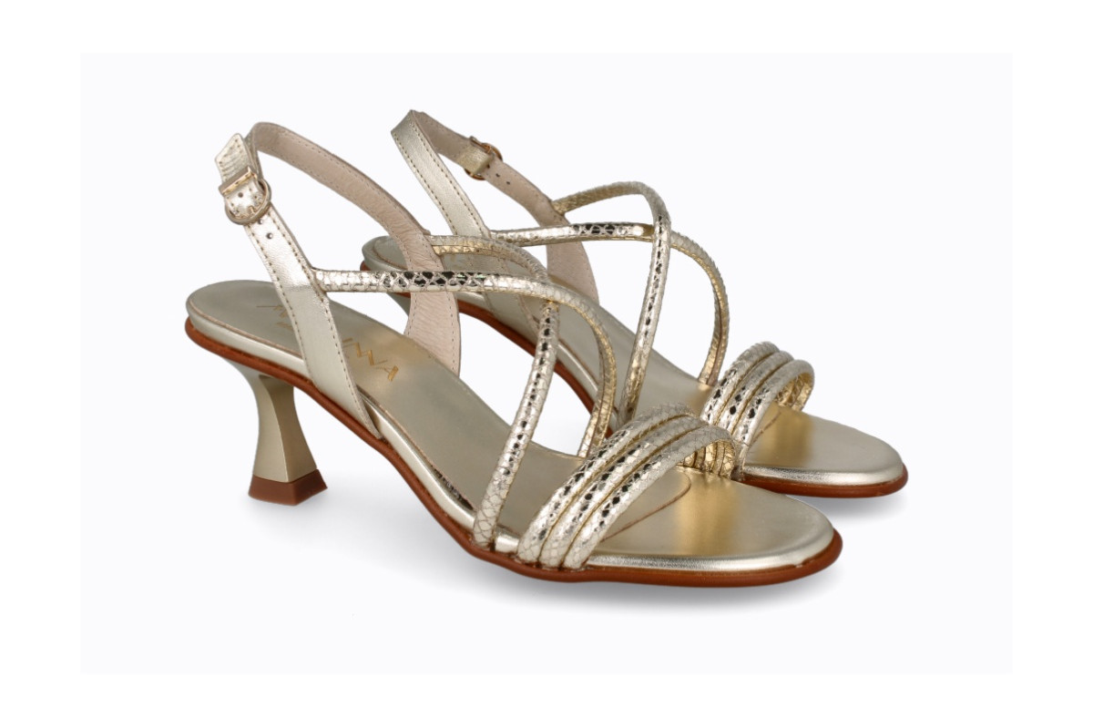 Sandales confortables à talon entonnoir en cuir brides dorées - Doré - Lince