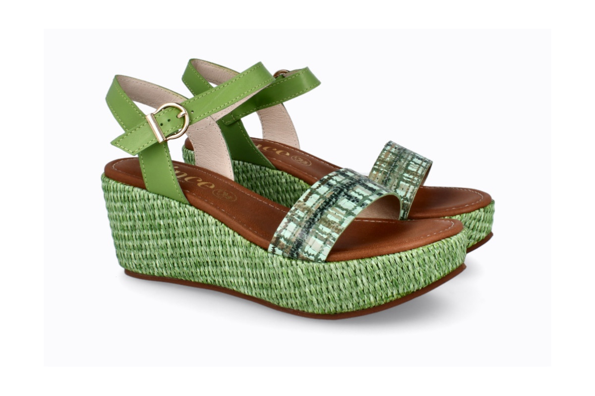 Sandales confortables compensées en cuir à talon en rafia - Vert - Lince